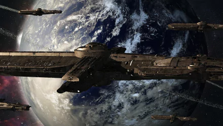 HD sci-fi desktop wallpaper featuring a detailed spaceship fleet orbiting a cloud-covered planet, blending futuristic design with cosmic scenery.