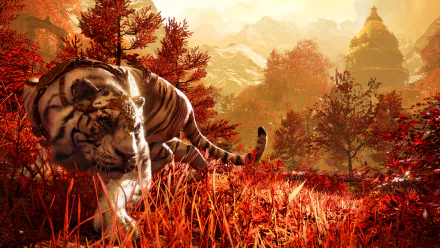 HD desktop wallpaper from the video game Far Cry 4, featuring a tiger prowling through a vibrant autumn landscape with mountains and a temple in the background.
