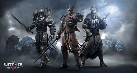 HD desktop wallpaper featuring Imlerith and Eredin Bréacc Glas from The Witcher 3: Wild Hunt, posed in battle armor against a stormy backdrop.