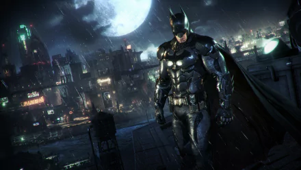 HD desktop wallpaper featuring Batman from the video game Batman: Arkham Knight, poised on a rooftop with Gotham City and a full moon in the background.
