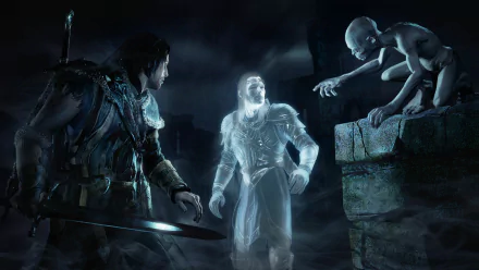 4K Ultra HD PC wallpaper from the video game Middle-earth: Shadow of Mordor featuring a glowing spectral figure, a warrior, and a crouching creature in a dark, eerie setting.