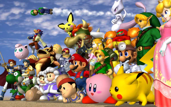 HD PC desktop wallpaper featuring a vibrant lineup of iconic characters from the video game Super Smash Bros. Melee against a blue sky background.