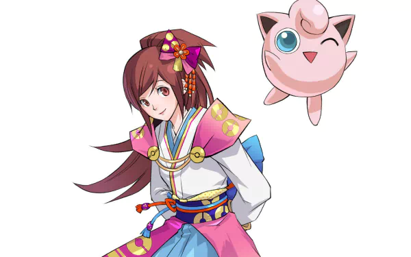 HD PC desktop wallpaper featuring a character and Jigglypuff from the video game Pokémon: Conquest in vibrant anime-style artwork.