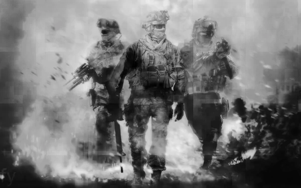 A dramatic black-and-white wallpaper featuring soldiers from Call of Duty: Modern Warfare 2, emerging confidently from a smoky battleground.