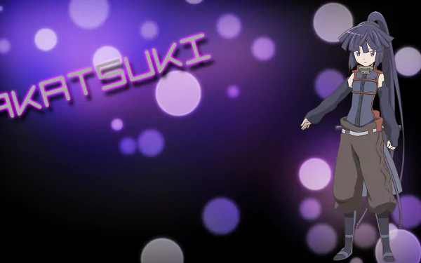 HD desktop wallpaper featuring Akatsuki from the anime Log Horizon, with a dark background and purple bokeh effect, and the text Akatsuki prominently displayed.
