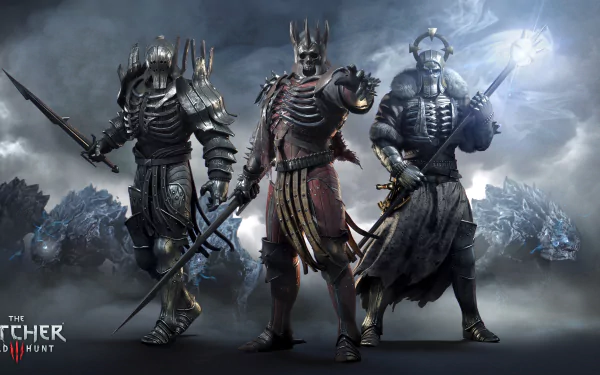 HD desktop wallpaper featuring Imlerith and Eredin Bréacc Glas from The Witcher 3: Wild Hunt, posed in battle armor against a stormy backdrop.