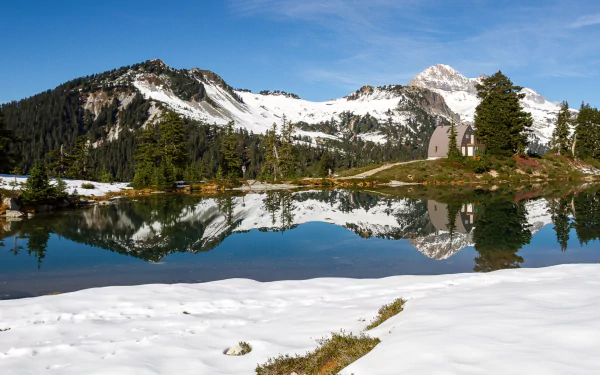Elfin Lake nature scene HD PC desktop wallpaper — snow-dusted shore, evergreen trees and alpine peaks mirrored in a glassy blue lake beneath a clear sky.