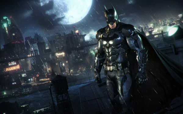 HD desktop wallpaper featuring Batman from the video game Batman: Arkham Knight, poised on a rooftop with Gotham City and a full moon in the background.