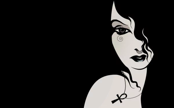 A stylized portrait of Death from DC Comics' The Sandman, featuring her unique design with dark hair and an ankh necklace against a deep black background. High-definition wallpaper.