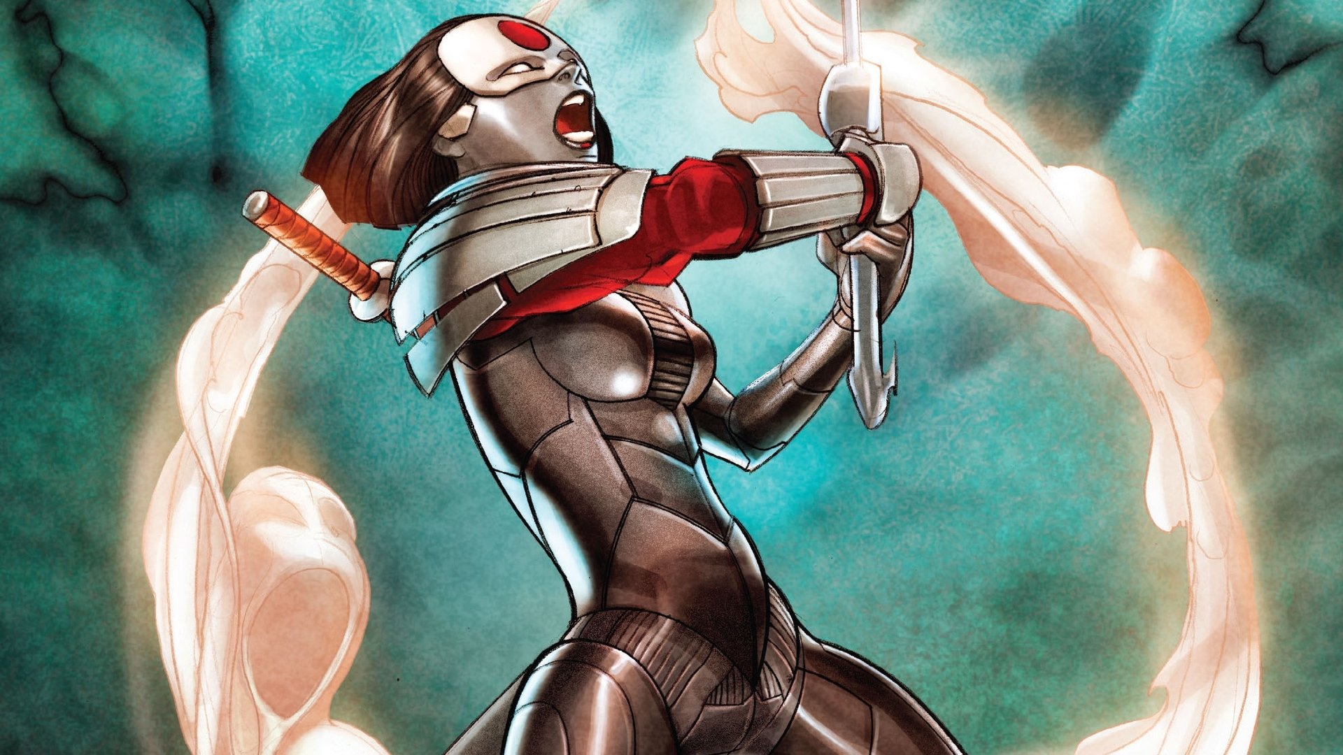 Comic-style HD PC desktop wallpaper featuring Katana (DC Comics) in armored suit, sword raised as ghostly energy swirls around her against a teal mist background.