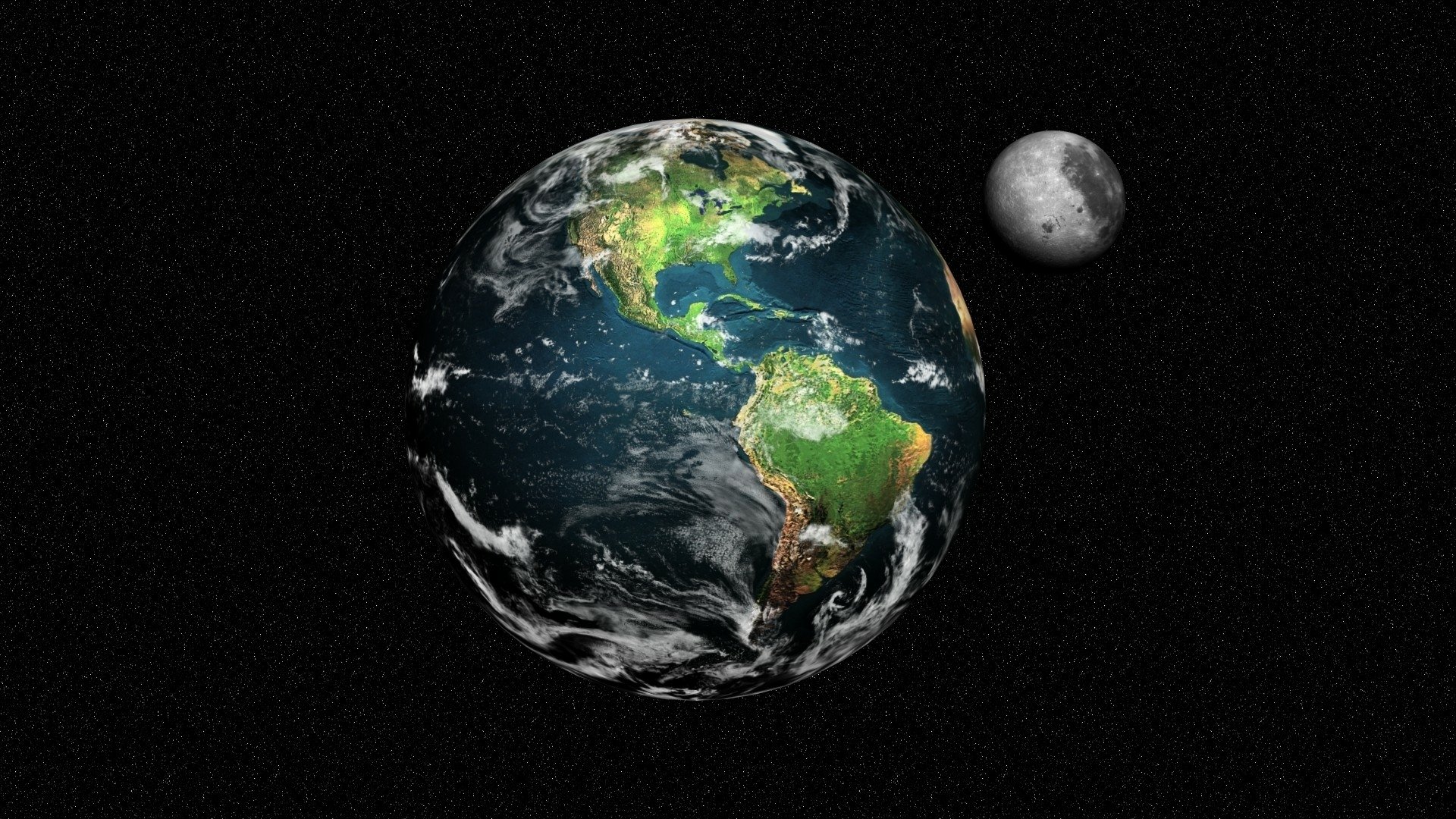 Nature-themed HD PC desktop wallpaper of Earth from space: the Americas in vivid blue and green with swirling clouds, the Moon nearby against a starry black background.