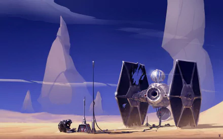A TIE Fighter rests in a vast desert landscape, with a pilot standing beside it under a clear blue sky, capturing the essence of sci-fi adventure in this Star Wars-themed wallpaper.
