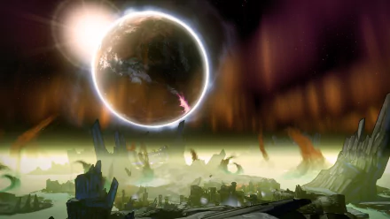 HD PC desktop wallpaper featuring a dramatic planet with celestial lighting over a desolate landscape from the video game Borderlands: The Pre-Sequel.