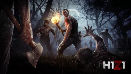 A dramatic H1Z1 wallpaper featuring characters battling zombies in a dark, eerie forest, capturing the intense atmosphere of the Z1 Battle Royale video game.