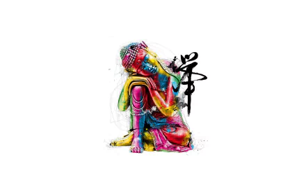 A vibrant, artistic depiction of Buddha in colorful hues, complemented by expressive calligraphy. This HD wallpaper serves as a striking background for any desktop.