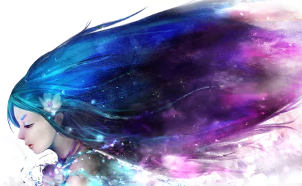 Anime-style original artwork of a woman with flowing blue hair adorned with flowers, set against a vibrant, cosmic background, designed as an HD PC desktop wallpaper.