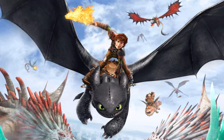 HD desktop wallpaper featuring Hiccup riding Toothless in a battle scene from How to Train Your Dragon 2, with other dragons flying in the background.