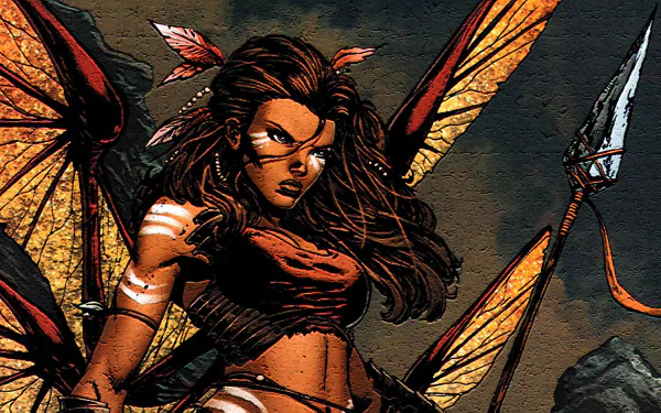Comic-style Soulfire HD PC desktop wallpaper: fierce winged warrior woman with amber wings, battle paint and spear set against a stormy, textured background.