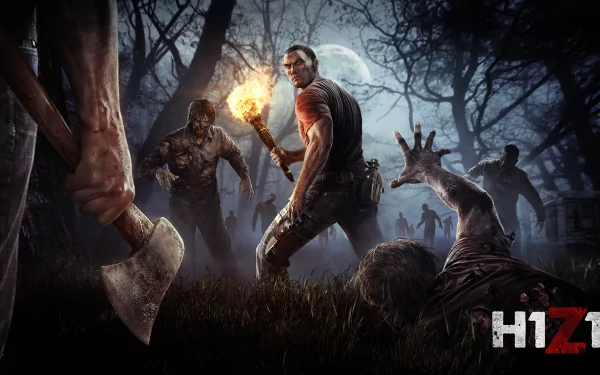 A dramatic H1Z1 wallpaper featuring characters battling zombies in a dark, eerie forest, capturing the intense atmosphere of the Z1 Battle Royale video game.