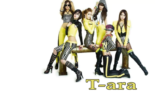 HD PC desktop wallpaper featuring the music group T-ara in coordinated black and yellow outfits against a white background.