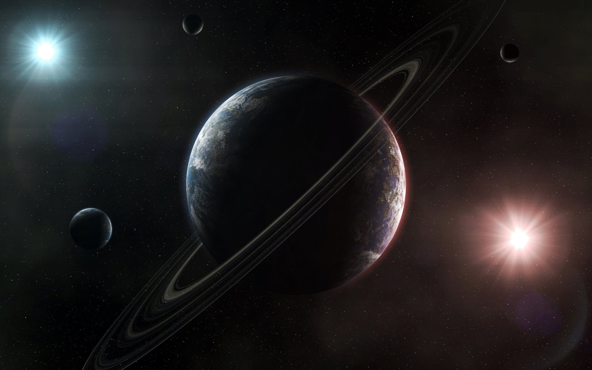 Sci-Fi planetary ring scene: a ringed planet with moons and distant stars, 2K Quad HD PC desktop wallpaper/background