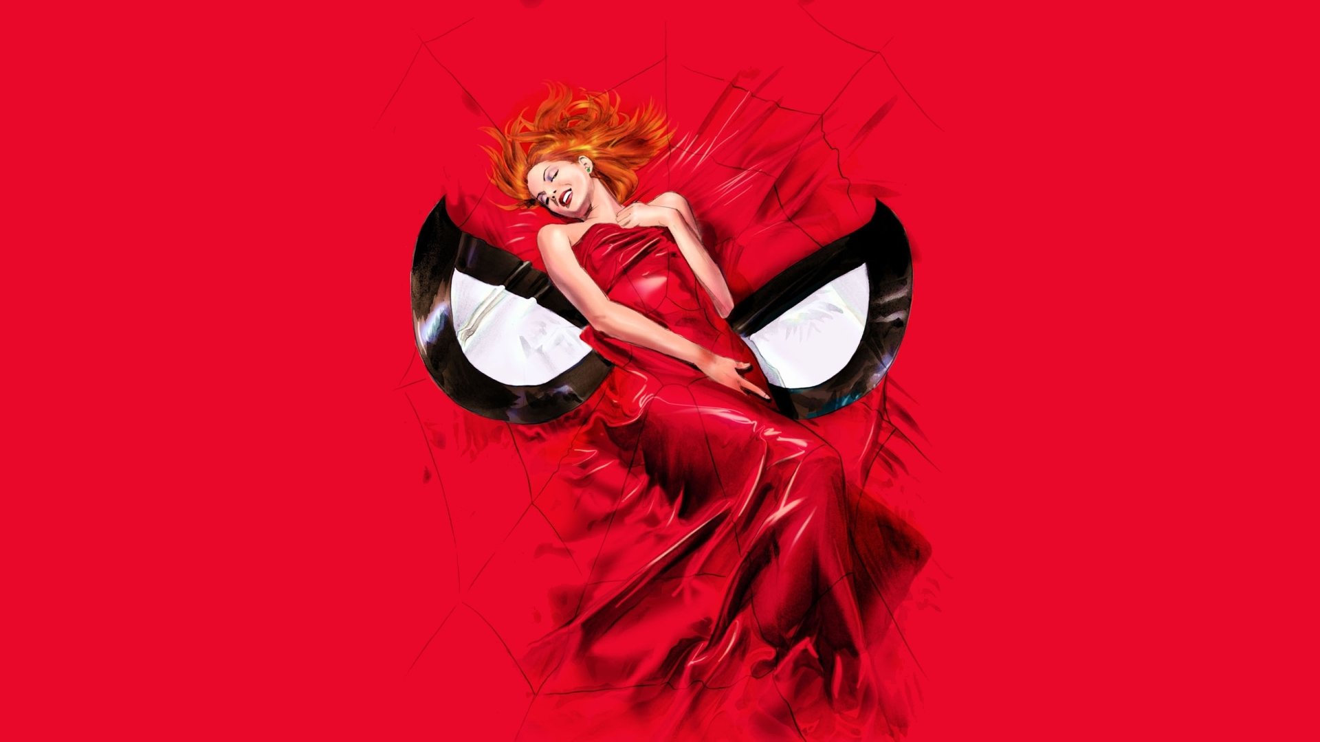 A vibrant HD PC desktop wallpaper featuring a red background with a stylish figure in a red dress, integrated with iconic Spider-Man eyes for a dynamic comic-themed design.