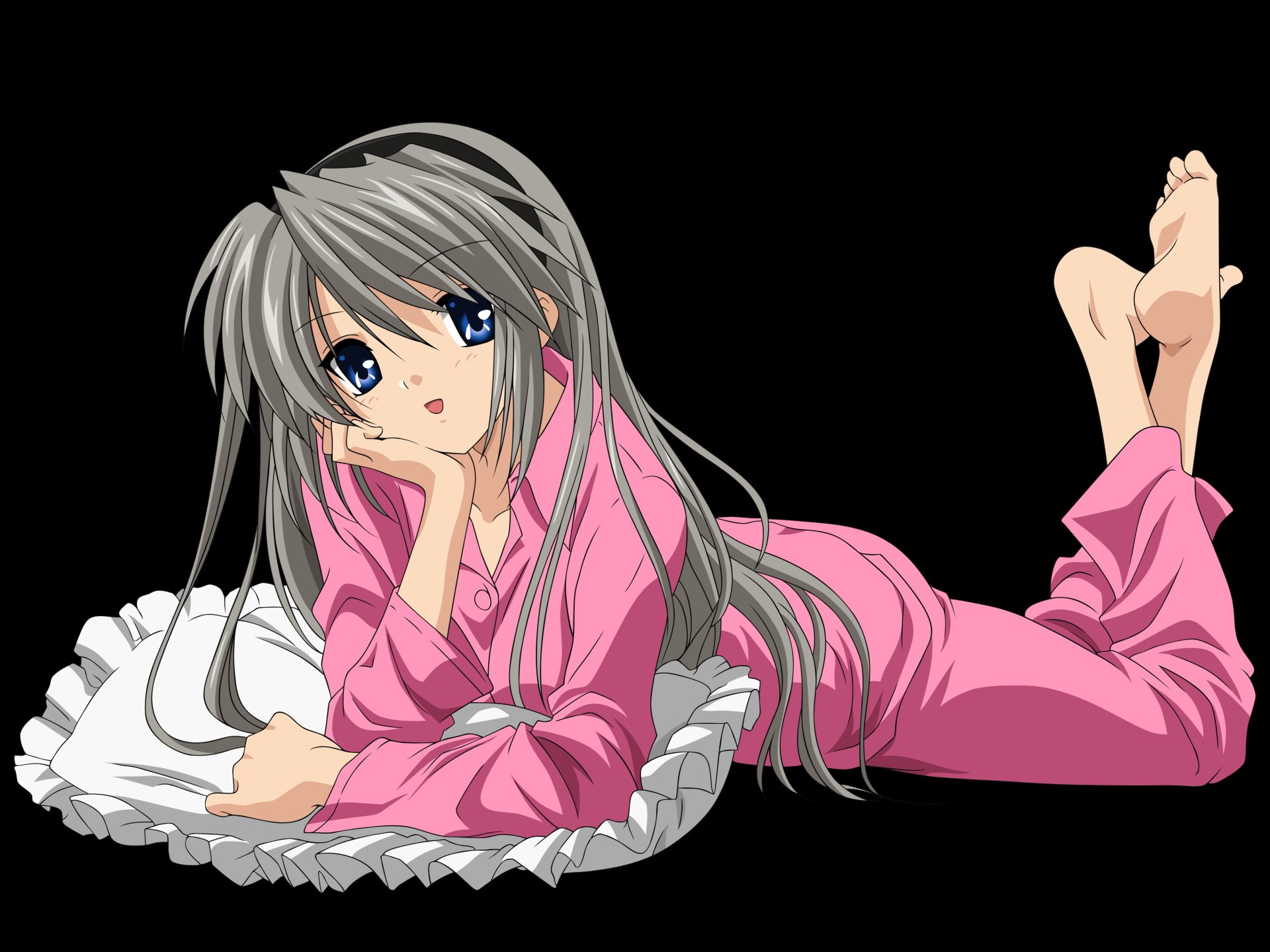 Tomoyo Sakagami from Clannad in a relaxed pose, wearing pink pajamas, detailed in 4K Ultra HD anime style for a PC desktop wallpaper background.