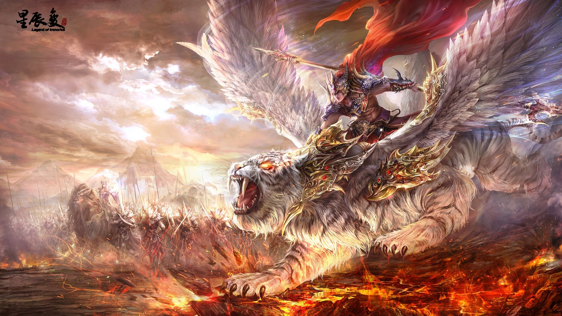 HD desktop wallpaper featuring a fantasy warrior riding a majestic winged beast, soaring above a fiery battlefield.