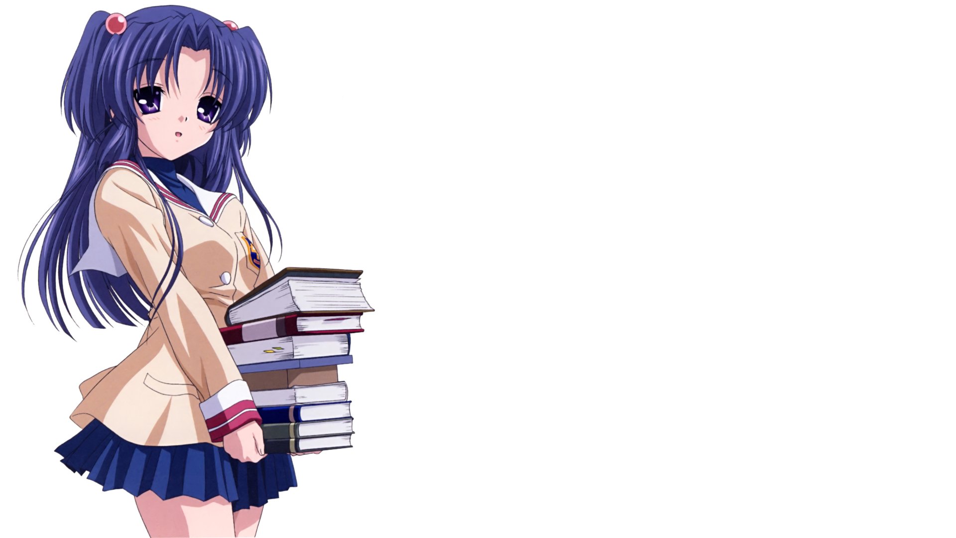 Kotomi Ichinose from Clannad — anime schoolgirl in a beige uniform holding a stack of books on a white 4K Ultra HD PC desktop wallpaper background.