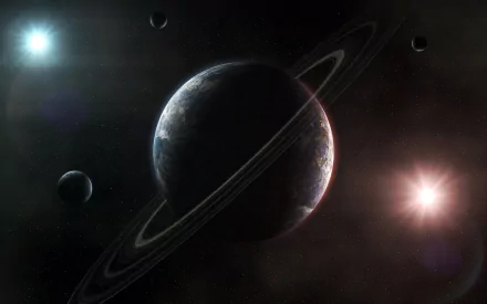 Sci-Fi planetary ring scene: a ringed planet with moons and distant stars, 2K Quad HD PC desktop wallpaper/background