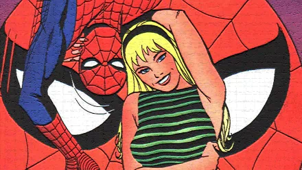 Comic — The Amazing Spider-Man HD PC desktop wallpaper: close-up of Spider-Man's mask with Spider-Man leaning in at left and a smiling blonde woman in a green striped top in the foreground.