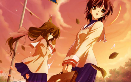 HD anime desktop wallpaper featuring Fuuko Ibuki and Nagisa Furukawa from Clannad in school uniforms with skirts against a warm, glowing sunset sky.
