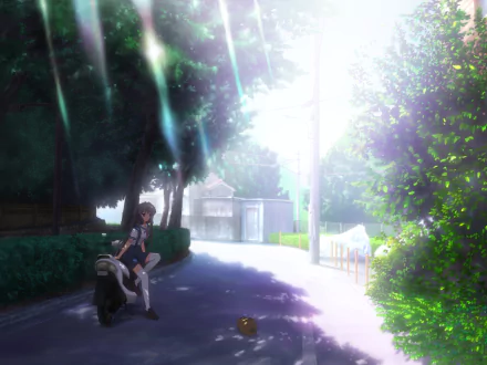 A serene scene featuring Botan and Kyou Fujibayashi from Clannad, set in a sunlit, tree-lined path. This vibrant 4K Ultra HD wallpaper captures the essence of the anime beautifully.