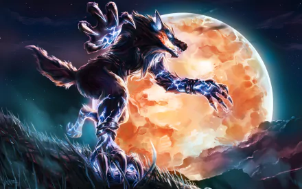 HD desktop wallpaper featuring a werewolf silhouette against a luminous full moon in a dark, mystical setting.
