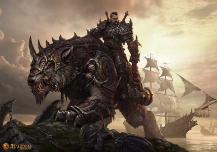 HD PC desktop wallpaper from the video game Dragons of Eternity, depicting a warrior armored in dark metal riding a fierce, spiked beast with ships in the background at sunset.