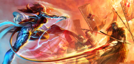 HD PC desktop wallpaper featuring a dynamic fantasy scene with an elf warrior casting lightning magic amid fiery battle chaos.