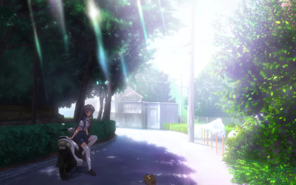 A serene scene featuring Botan and Kyou Fujibayashi from Clannad, set in a sunlit, tree-lined path. This vibrant 4K Ultra HD wallpaper captures the essence of the anime beautifully.