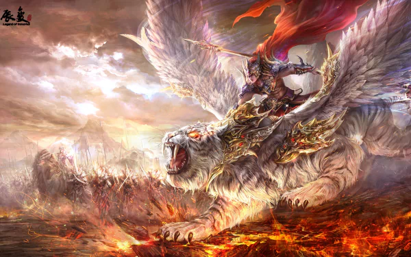 HD desktop wallpaper featuring a fantasy warrior riding a majestic winged beast, soaring above a fiery battlefield.