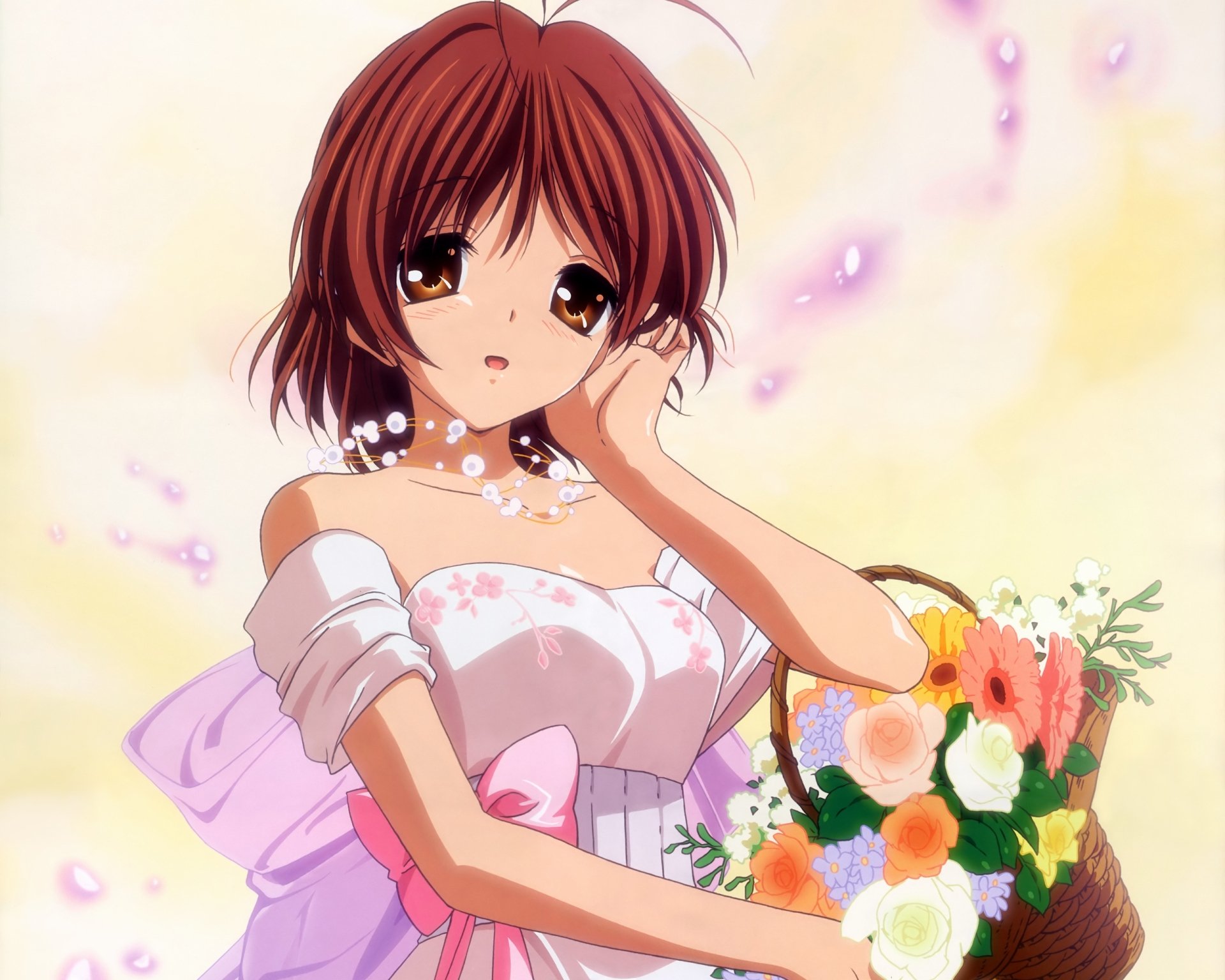 HD anime desktop wallpaper featuring Nagisa Furukawa from Clannad, dressed in a white and pink outfit, holding a bouquet of flowers against a soft pastel background.