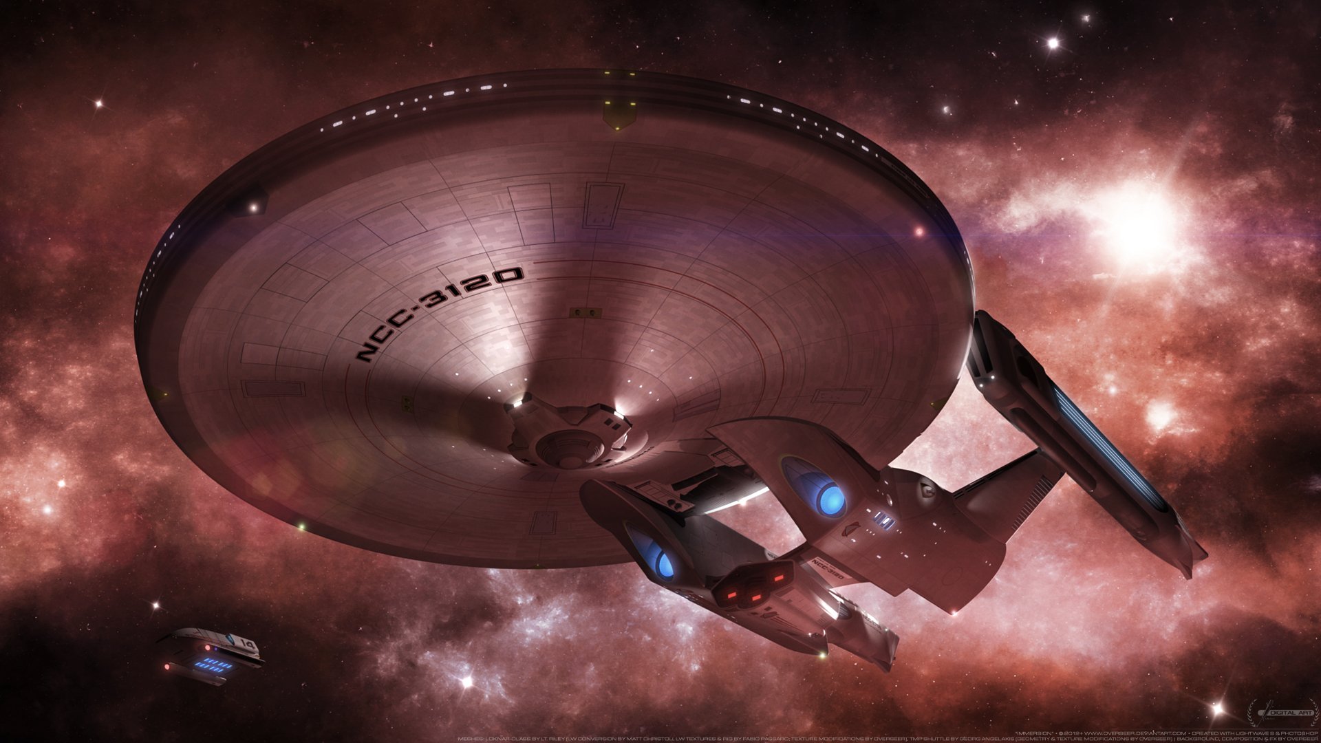 A striking HD desktop wallpaper featuring a starship from Star Trek, soaring through a vibrant cosmic backdrop filled with stars and nebulae, embodying the essence of sci-fi adventure.