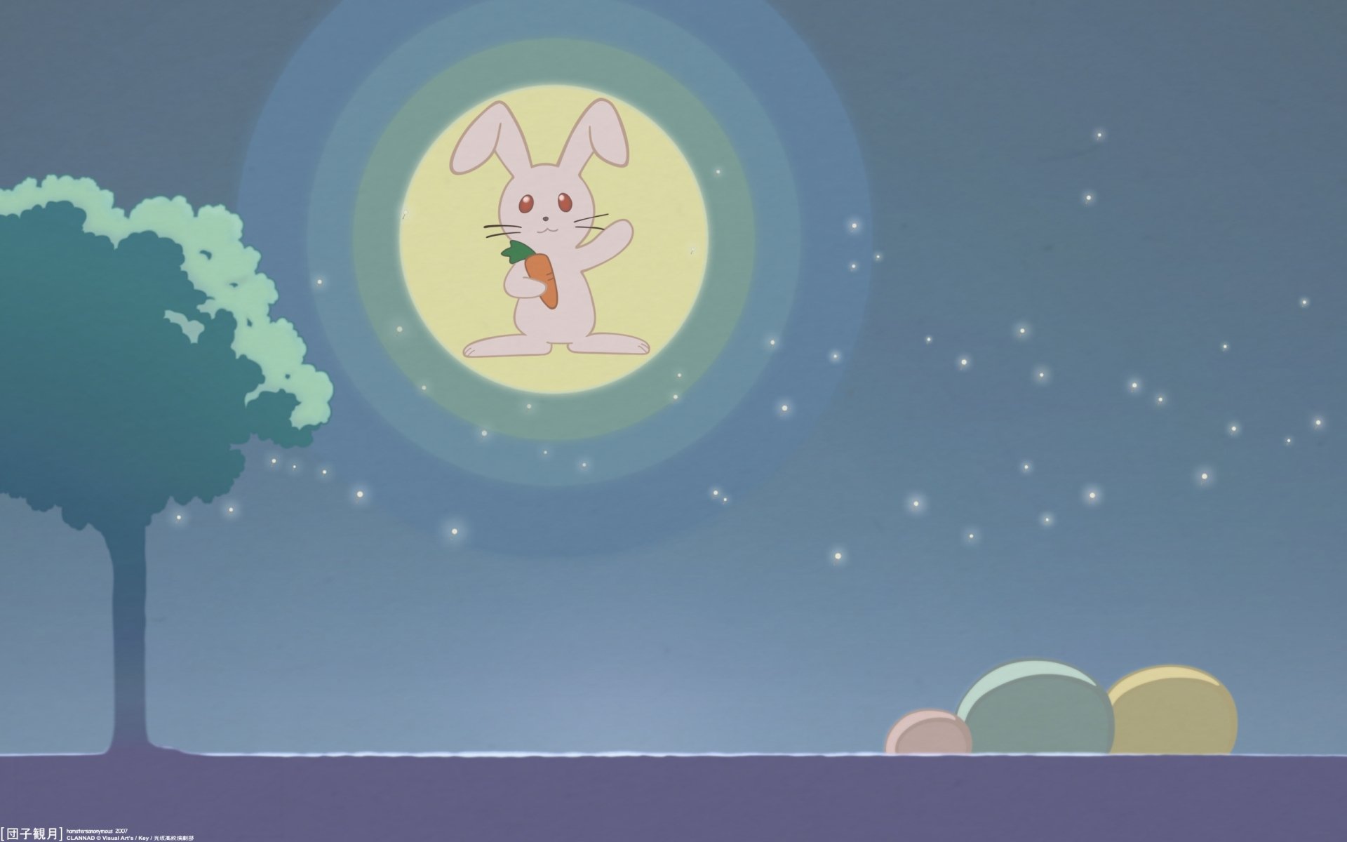 Clannad-inspired anime 2K Quad HD PC wallpaper: kawaii bunny holding a carrot in a glowing moon above pastel dango piles and a silhouetted tree on a calm starry night.
