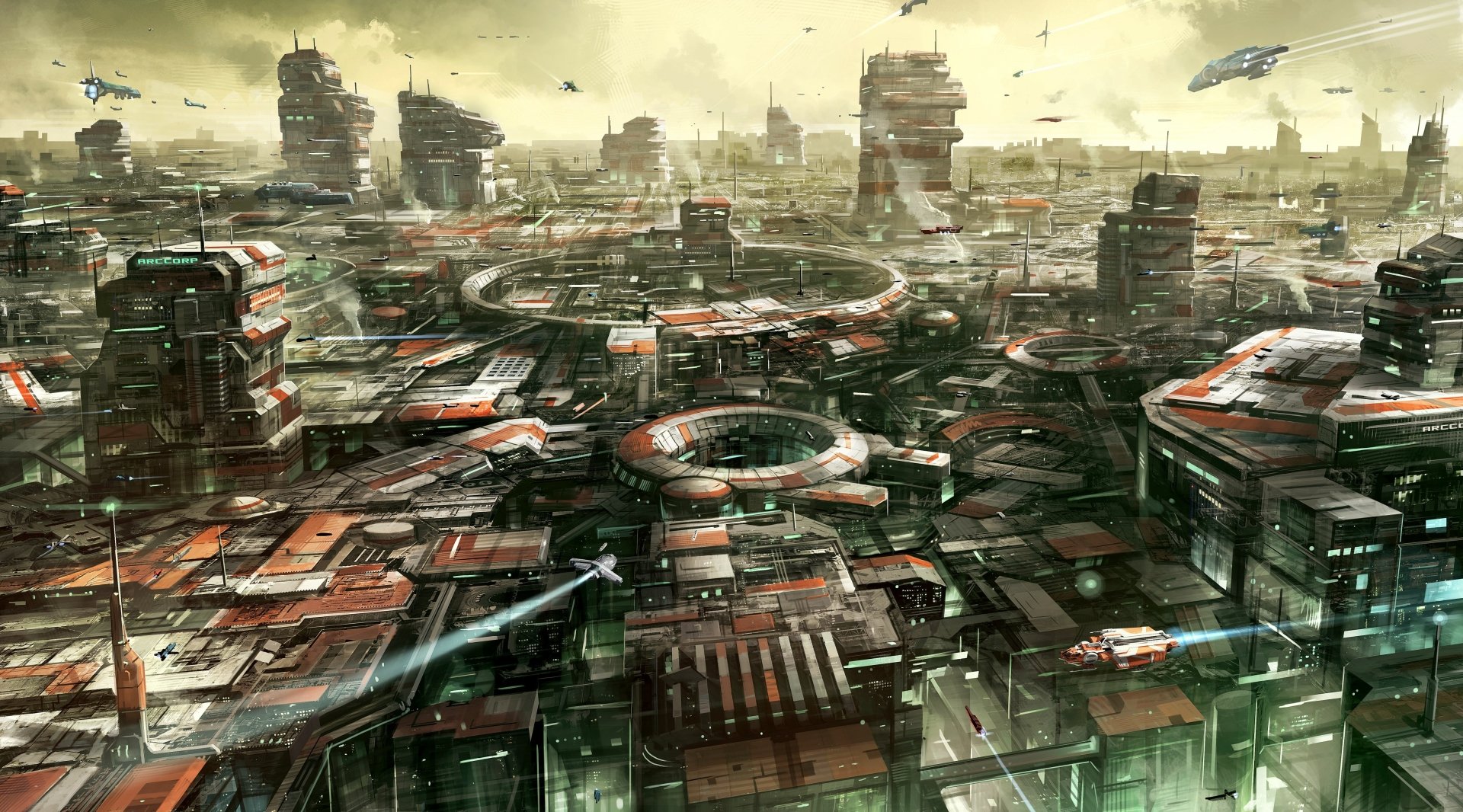 Futuristic cityscape from the video game Star Citizen showcased in a detailed 4K Ultra HD PC desktop wallpaper and background.