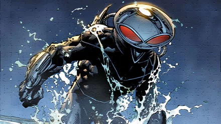 HD PC desktop wallpaper featuring Black Manta from Aquaman in dynamic comic style, emerging from water with sleek armor and glowing red eyes.