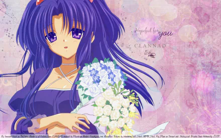 Kotomi Ichinose from Clannad in an HD anime desktop wallpaper, holding white and blue hydrangeas against a soft pink textured background.