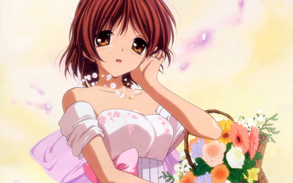 HD anime desktop wallpaper featuring Nagisa Furukawa from Clannad, dressed in a white and pink outfit, holding a bouquet of flowers against a soft pastel background.