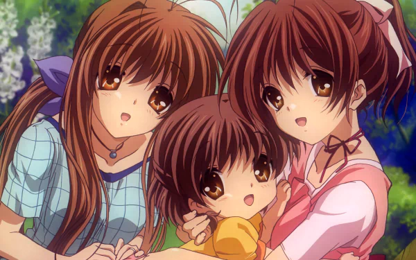 HD anime PC wallpaper featuring Ushio Okazaki, Sanae Furukawa, and Nagisa Furukawa from Clannad in a vibrant, detailed outdoor setting.