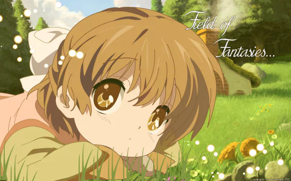 HD PC desktop wallpaper featuring Ushio Okazaki from the anime Clannad, resting in a sunlit grassy field with flowers and the text Field of Fantasies...