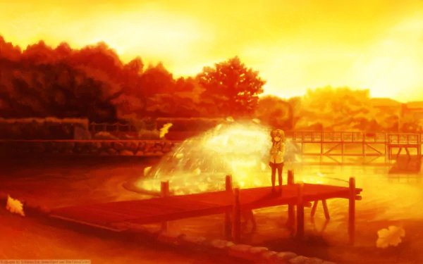 HD PC wallpaper of Fuuko Ibuki from Clannad standing on a wooden dock at sunset, warm golden glow and shimmering reflections across the water.