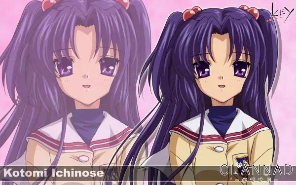 A vibrant HD wallpaper featuring Kotomi Ichinose from the anime Clannad, showcasing her distinct features and character design against a soft pink background.