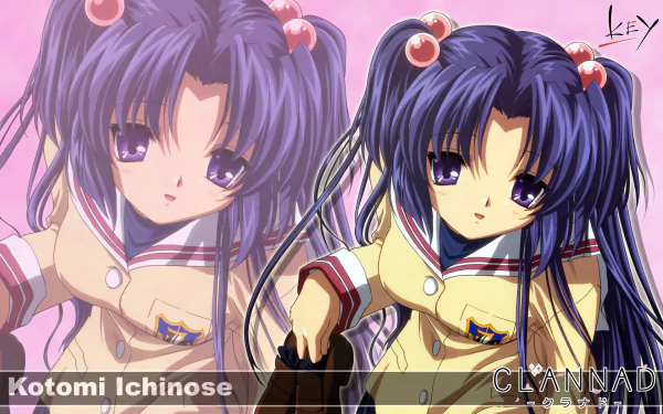 HD wallpaper featuring Kotomi Ichinose from the anime Clannad, showcasing her vibrant character and engaging design against a pink background.